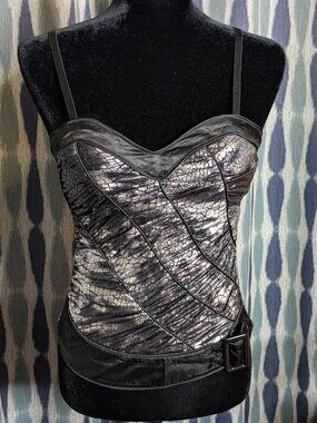 Entry Metallic Snake Print Corset Top Black Silver Bustier Faux Leather